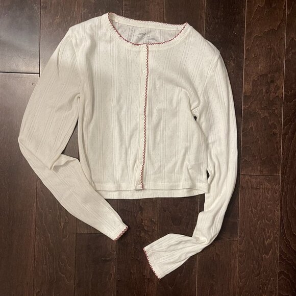 Aerie Pointelle Cardigan White Red Trim - Picture 2 of 2